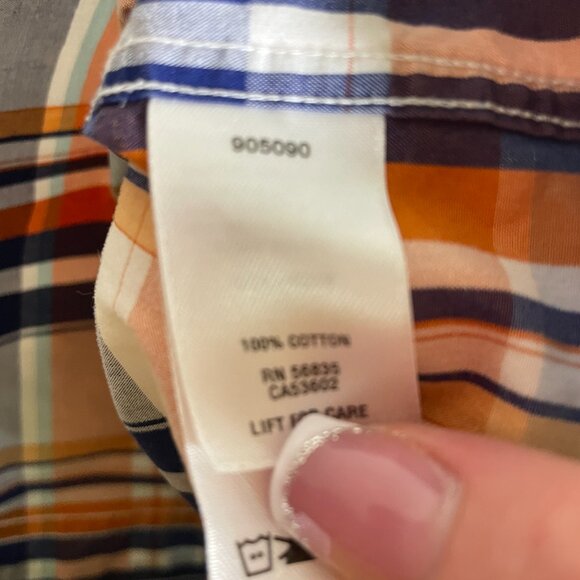 Men's Large Cabela's Orange & Blue Plaid Short Sleeve Button Down Shirt - Picture 3 of 6